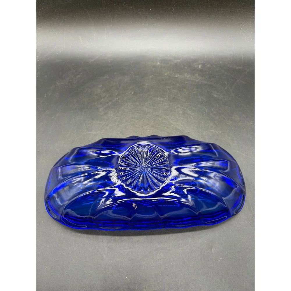 Vintage Cobalt Blue Glass Relish Dish Scalloped Sunburst Oval Serving Bowl 8.5